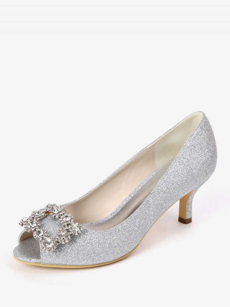 Damen-pumps Mit Strass-glitzer-kitten-heel-braut-pumps Und Peep-toe - Silber