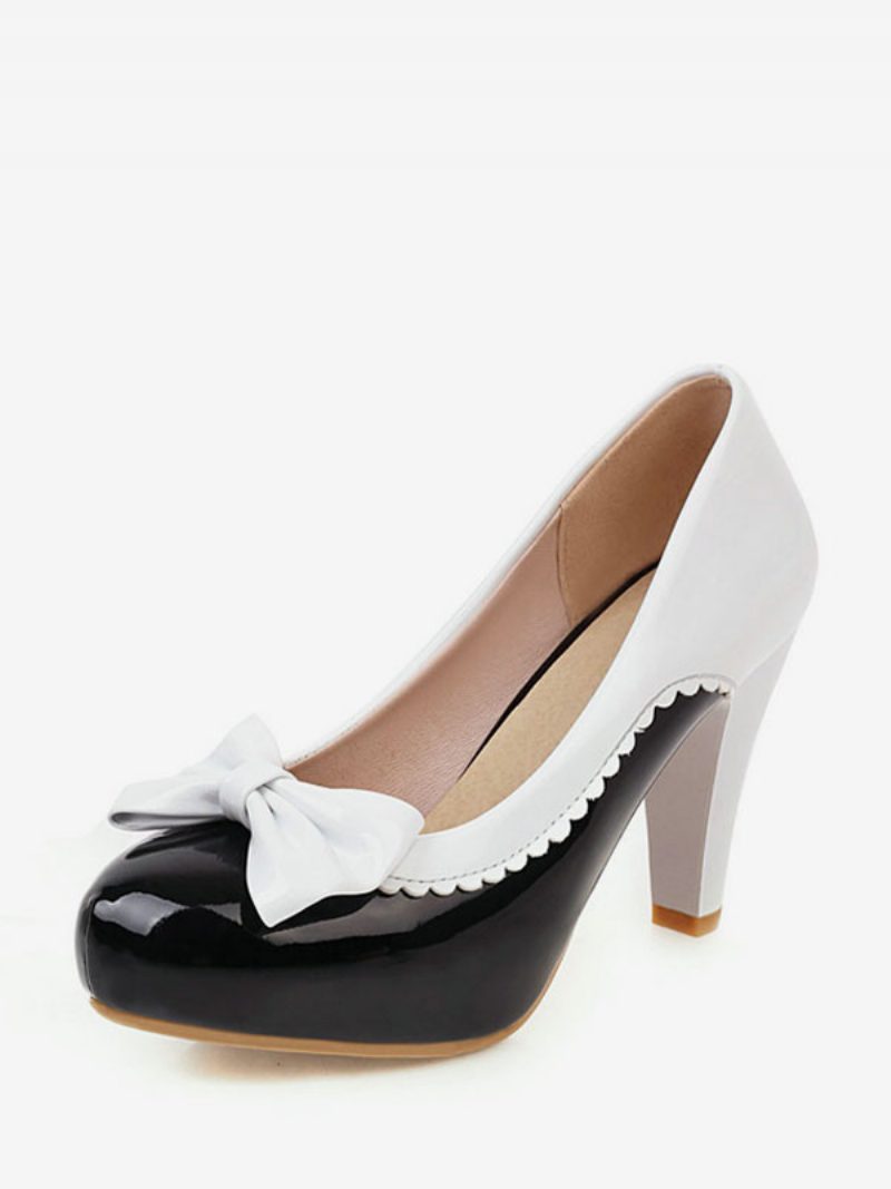 Damen-vintage-schuhe Aus Pu-leder Mit Spitzen Zehen Und Schleifen 1950er-jahre-high-heel-pumps - Schwarz