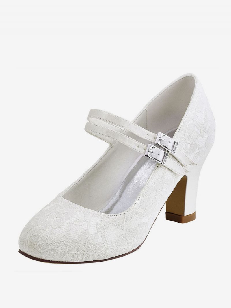 Elfenbeinfarbene Hochzeitsschuhe 2024 Damen Mary Jane Brautschuhe Mit Runder Spitze