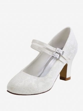 Elfenbeinfarbene Hochzeitsschuhe 2024 Damen Mary Jane Brautschuhe Mit Runder Spitze