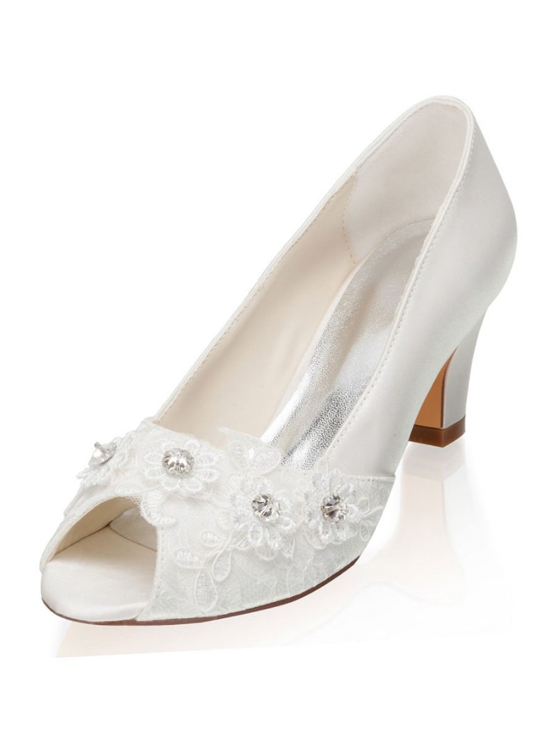 Elfenbeinfarbene Hochzeitsschuhe Für Damen Satin-strasssteine Peep-toe-brautschuhe Mit Klobigem Absatz