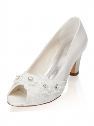 Elfenbeinfarbene Hochzeitsschuhe Für Damen Satin-strasssteine Peep-toe-brautschuhe Mit Klobigem Absatz