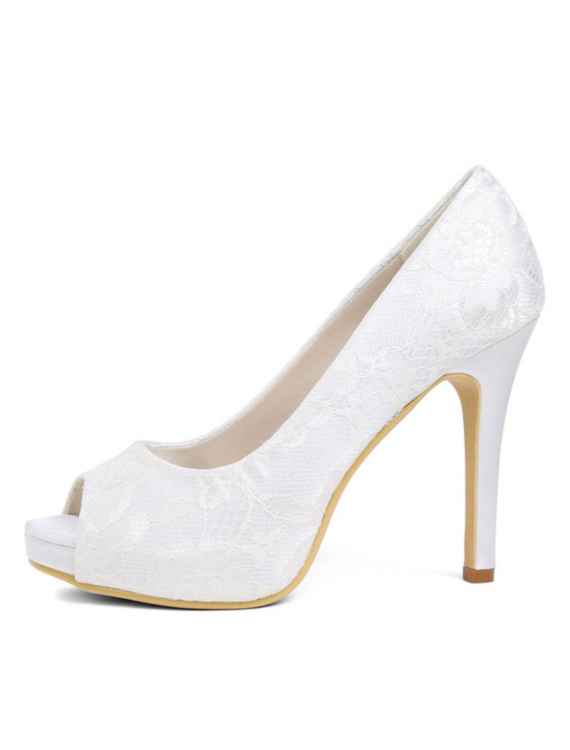 Elfenbeinfarbene Hochzeitsschuhe Für Damen Spitzen-peep-toe-hochzeitsschuhe Die Brautmutter - Weiß