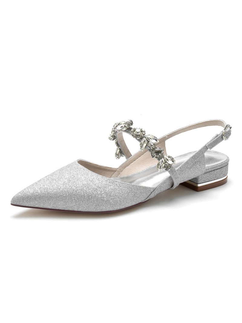 Flache Brautschuhe Für Damen Mary Jane Slingback-pumps Mit Strasssteinen - Silber