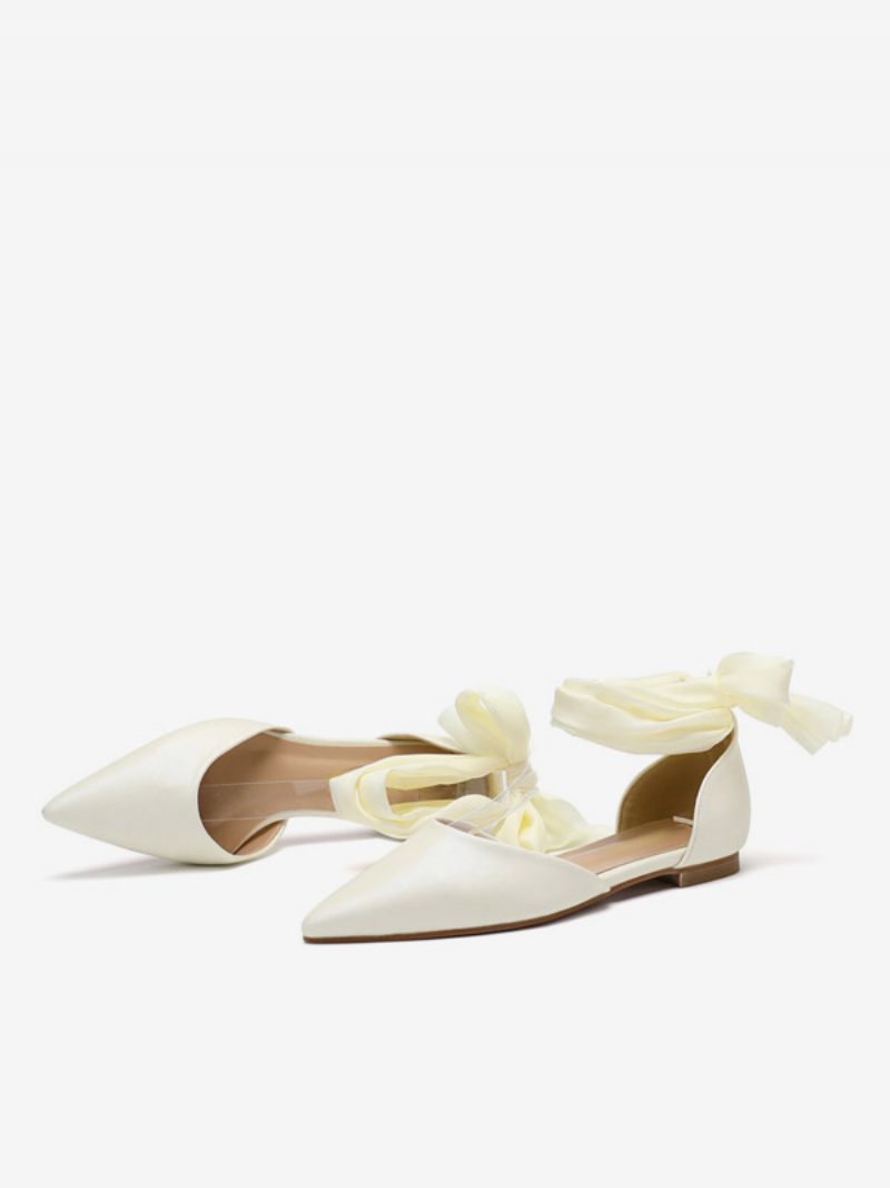 Flache Brautschuhe Für Damen Weiß Spitze Hochzeitspumps Mit Schnürung - Beige