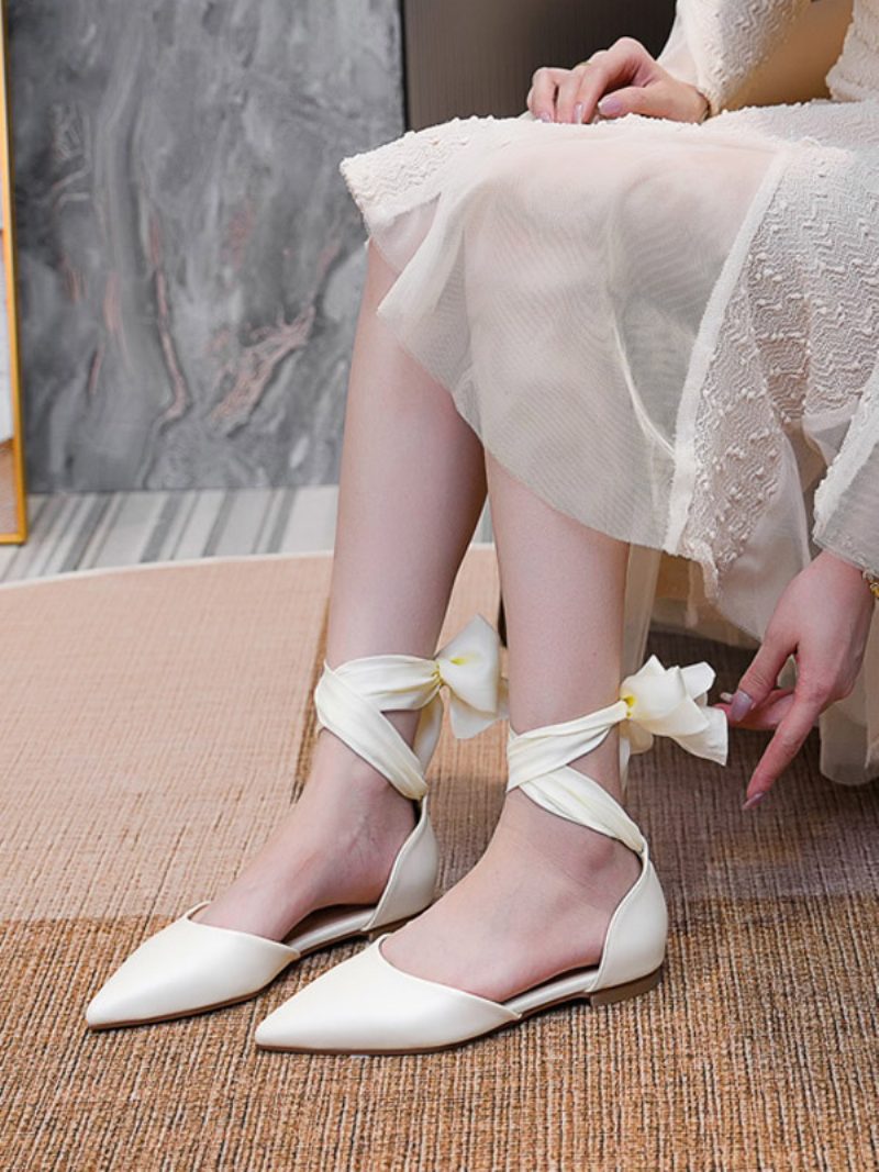 Flache Brautschuhe Für Damen Weiß Spitze Hochzeitspumps Mit Schnürung - Beige