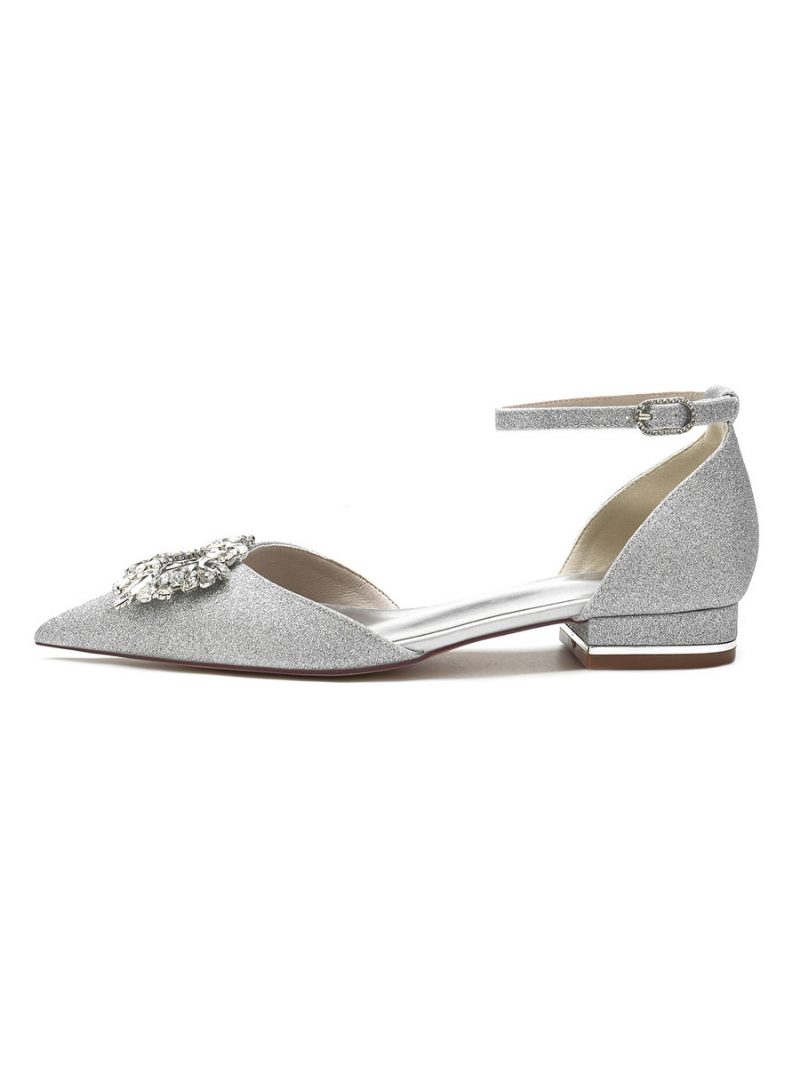 Flache Damen-brautschuhe Mit Strasssteinen Und Knöchelriemen Aus Satin - Silber