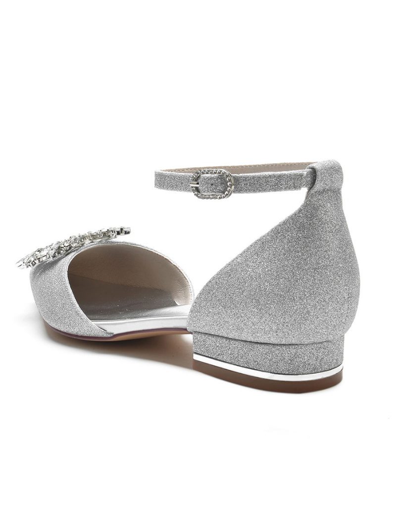 Flache Damen-brautschuhe Mit Strasssteinen Und Knöchelriemen Aus Satin - Silber