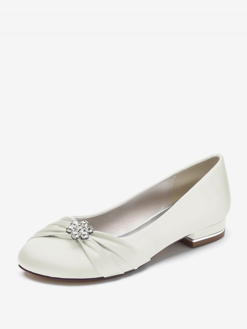 Flache Damen-hochzeitsschuhe Aus Satin Mit Runder Zehenpartie Und Strasssteinen. Schuhe Für Die Brautmutter - Elfenbein