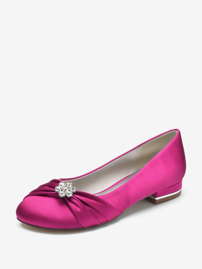 Flache Damen-hochzeitsschuhe Aus Satin Mit Runder Zehenpartie Und Strasssteinen. Schuhe Für Die Brautmutter - Rose