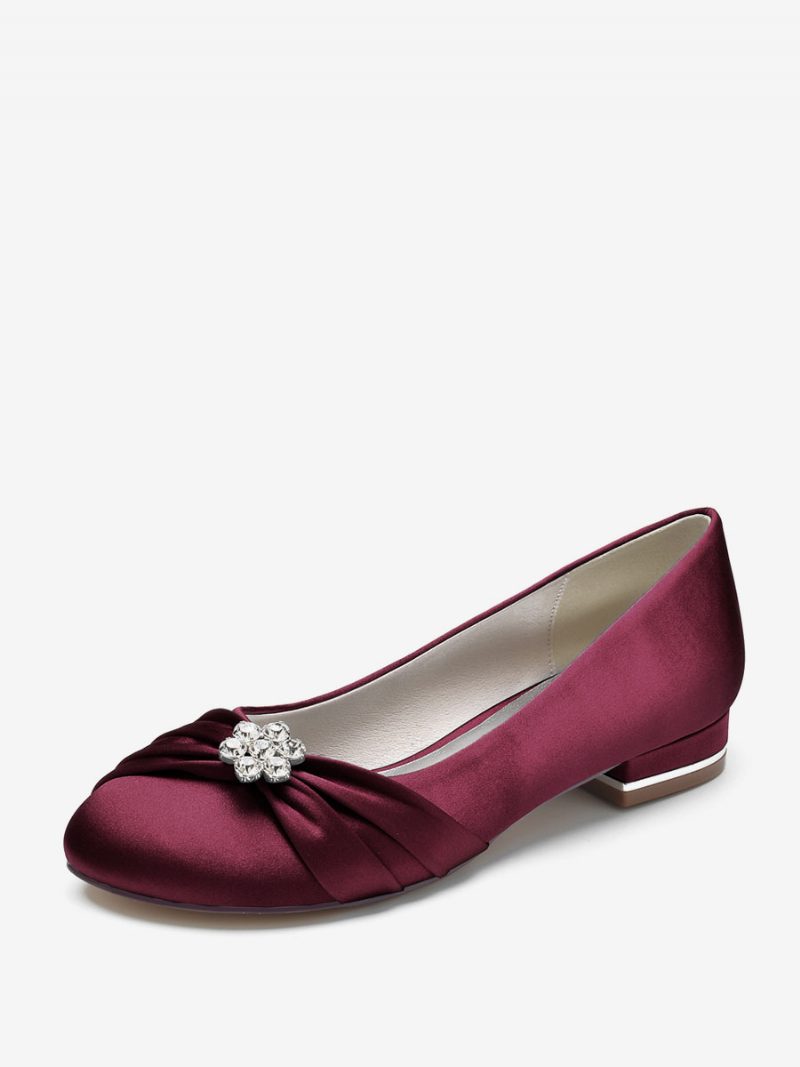 Flache Damen-hochzeitsschuhe Aus Satin Mit Runder Zehenpartie Und Strasssteinen. Schuhe Für Die Brautmutter - Burgund