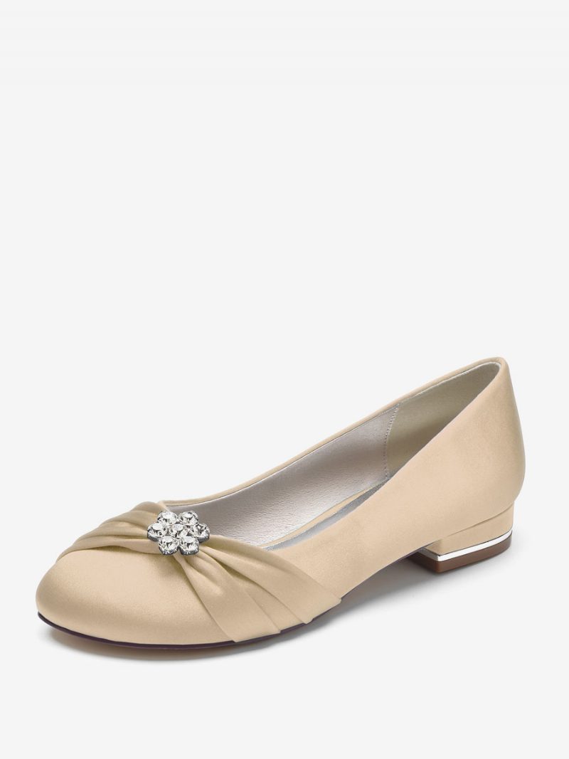 Flache Damen-hochzeitsschuhe Aus Satin Mit Runder Zehenpartie Und Strasssteinen. Schuhe Für Die Brautmutter - Champagner