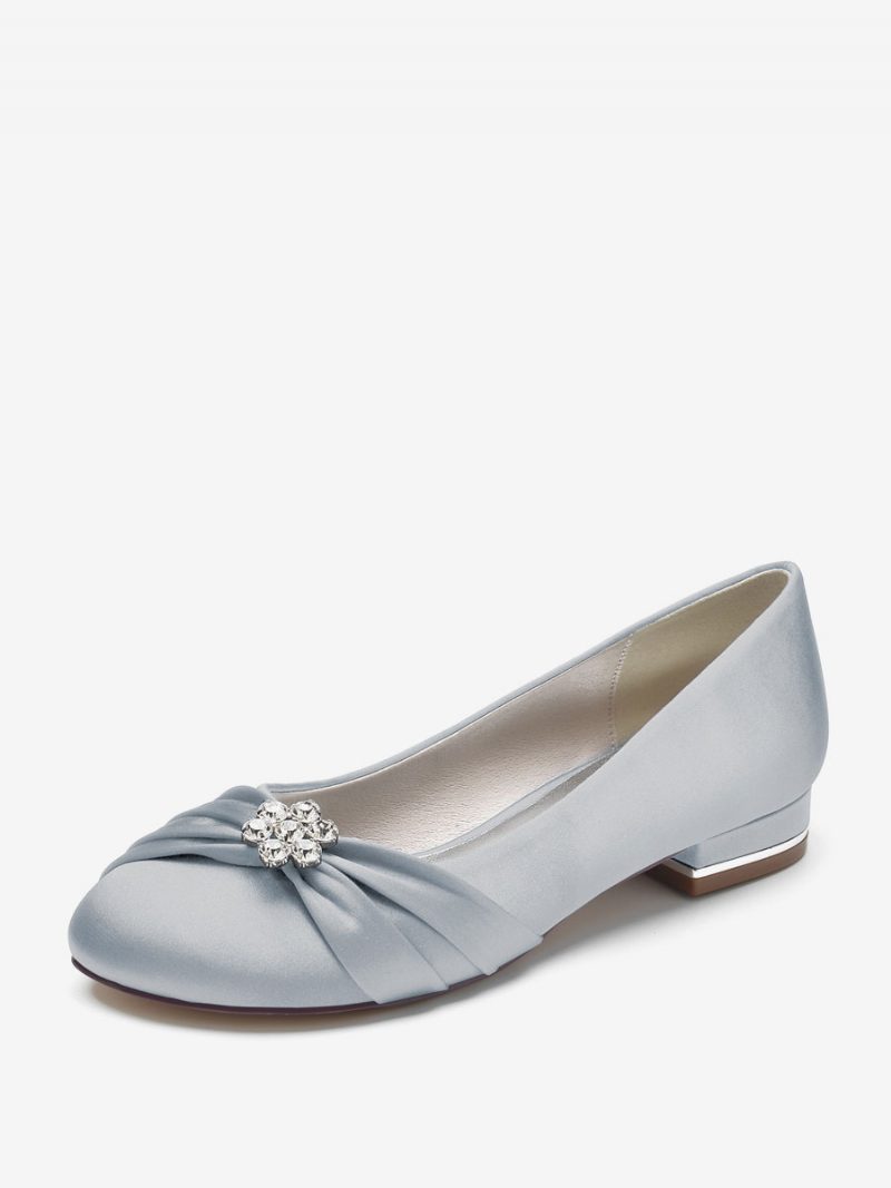 Flache Damen-hochzeitsschuhe Aus Satin Mit Runder Zehenpartie Und Strasssteinen. Schuhe Für Die Brautmutter - Silber