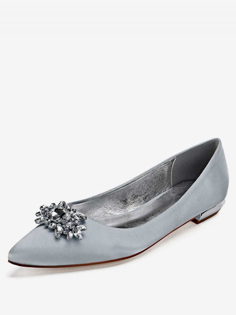 Flache Damen-hochzeitsschuhe Aus Satin Mit Strasssteinen - Silber