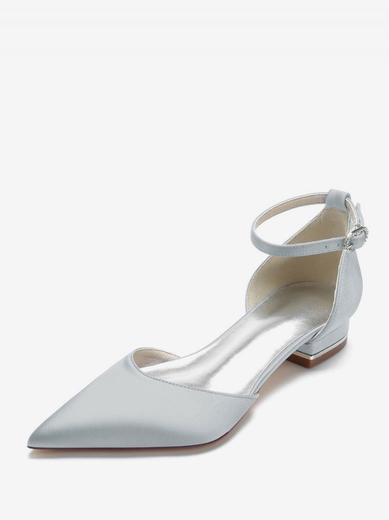 Flache Damen-hochzeitsschuhe Mit Knöchelriemen Aus Satin - Silber