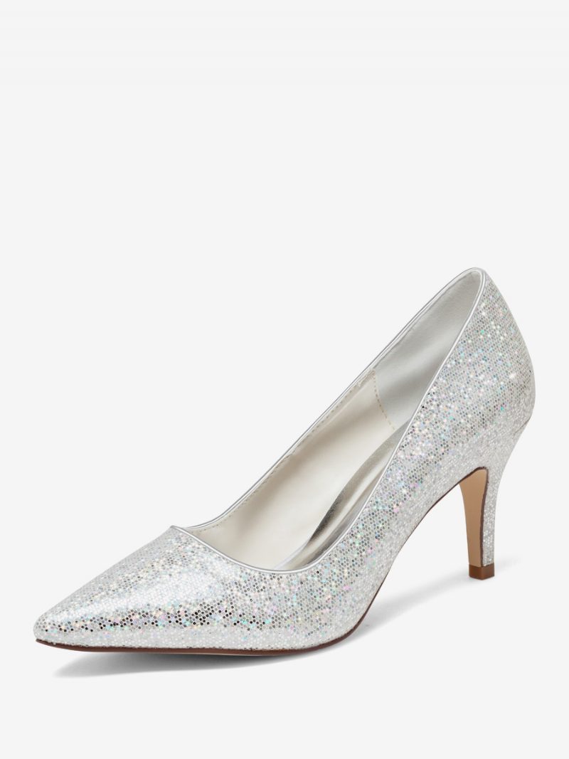 Silberne Hochzeitsschuhe Für Damen Mit Glitzerndem Spitzem Zehenbereich Und Kitten-heel-brautpumps