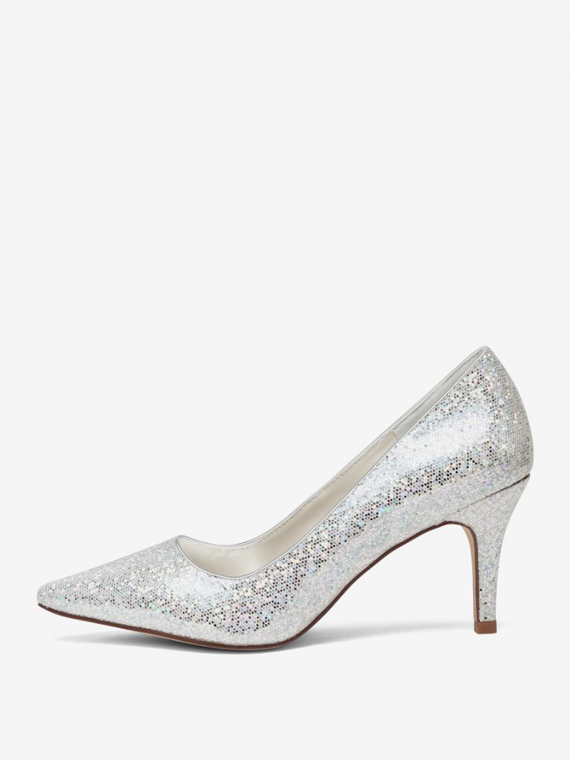 Silberne Hochzeitsschuhe Für Damen Mit Glitzerndem Spitzem Zehenbereich Und Kitten-heel-brautpumps - Silber