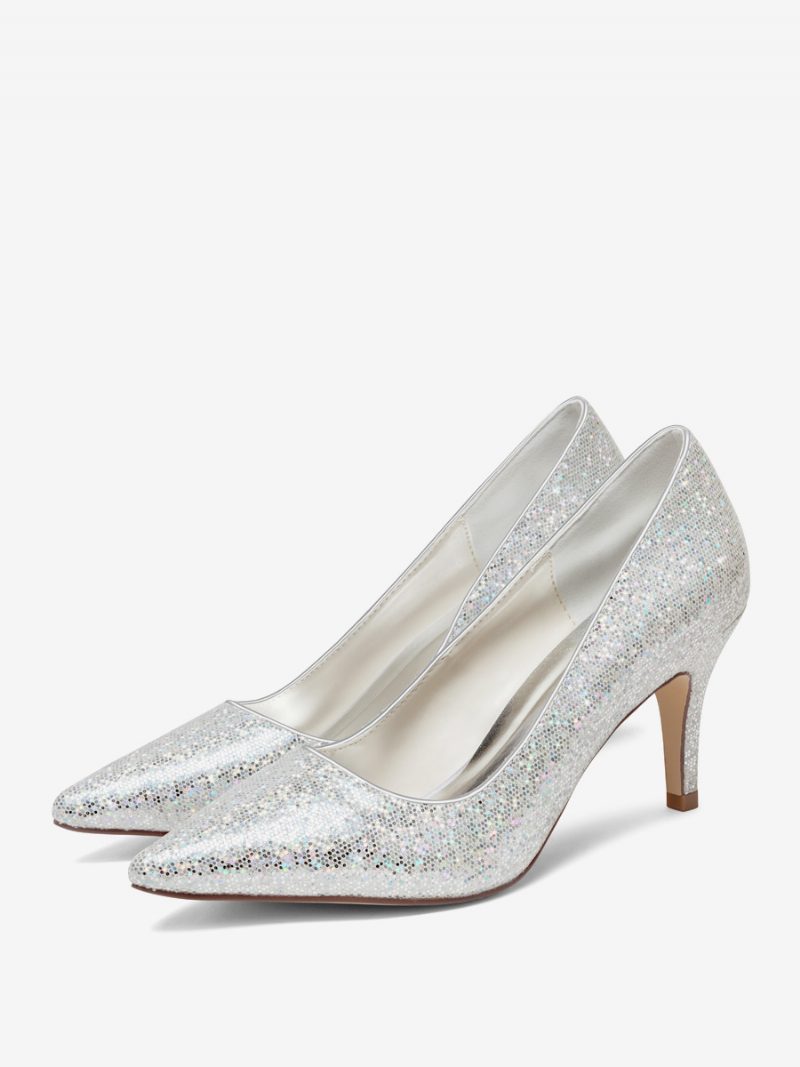 Silberne Hochzeitsschuhe Für Damen Mit Glitzerndem Spitzem Zehenbereich Und Kitten-heel-brautpumps - Silber