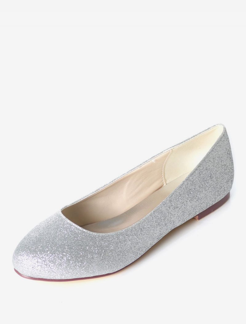 Silberne Hochzeitsschuhe Glitzer Runde Zehenpartie Slip-on-brautjungfernschuhe Damen-ballerinas