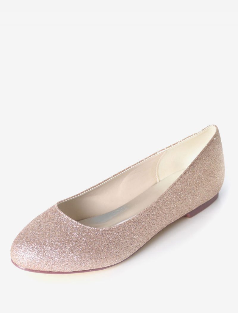 Silberne Hochzeitsschuhe Glitzer Runde Zehenpartie Slip-on-brautjungfernschuhe Damen-ballerinas - Champagner