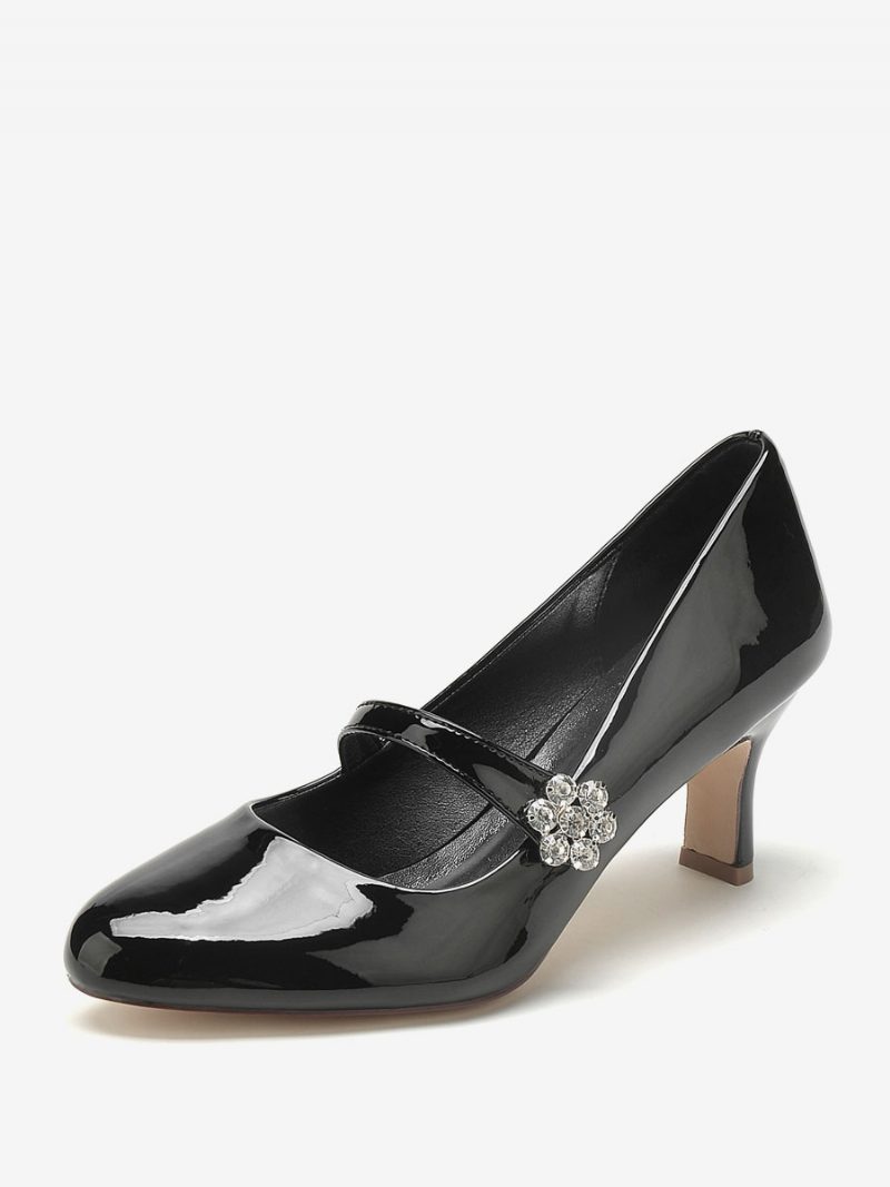 Vintage-hochzeitsschuhe Für Damen Weißes Lack-pu-obermaterial Runde Zehenpartie Strasssteine Kitten-heel-vintage-schuhe - Schwarz