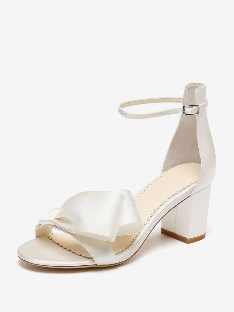 Weiße Brautsandalen Für Damen Satin Elegante Offene Zehenpartie Schleifen Knöchelriemen Blockabsatz Party- Und Hochzeitssandalen - Weiß