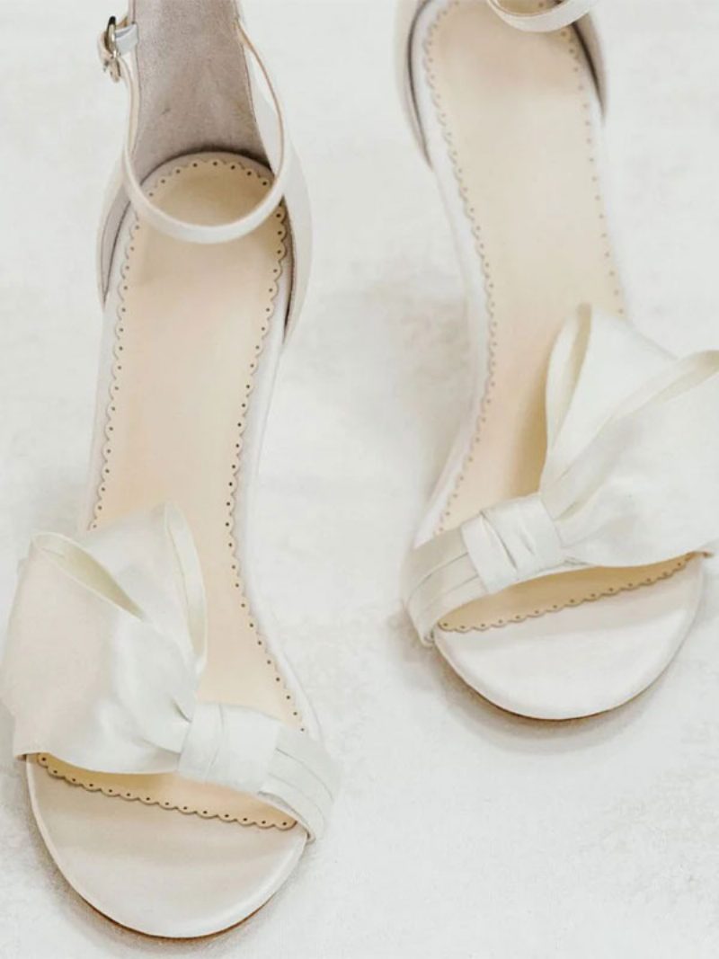 Weiße Brautsandalen Für Damen Satin Elegante Offene Zehenpartie Schleifen Knöchelriemen Blockabsatz Party- Und Hochzeitssandalen - Weiß