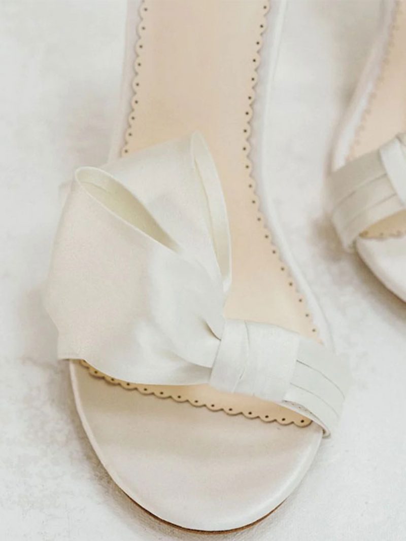 Weiße Brautsandalen Für Damen Satin Elegante Offene Zehenpartie Schleifen Knöchelriemen Blockabsatz Party- Und Hochzeitssandalen - Weiß