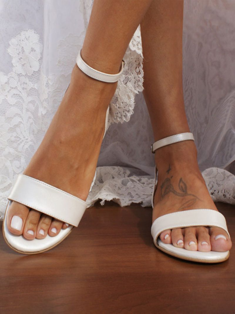 Weiße Brautschuhe Für Damen Offene Zehen Knöchelriemen Flache Hochzeitsschuhe