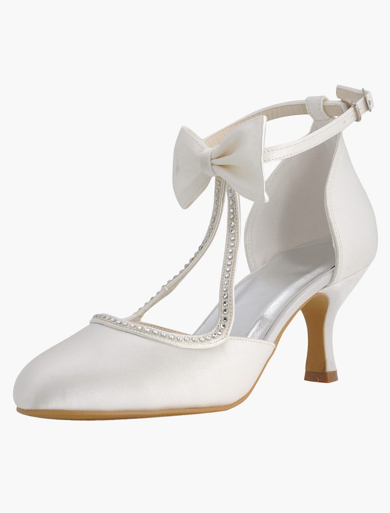 Weiße Hochzeitsschuhe Für Damen 2024. Satin Spitze Zehen Schleife Brautschuhe Vintage-hochzeitsschuhe