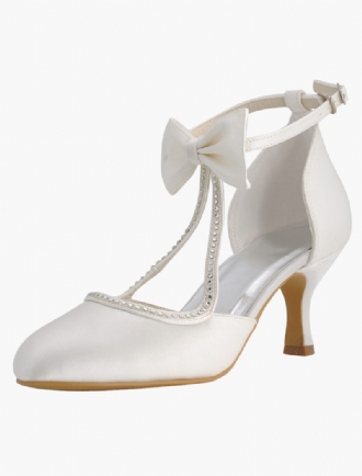 Weiße Hochzeitsschuhe Für Damen 2024. Satin Spitze Zehen Schleife Brautschuhe Vintage-hochzeitsschuhe