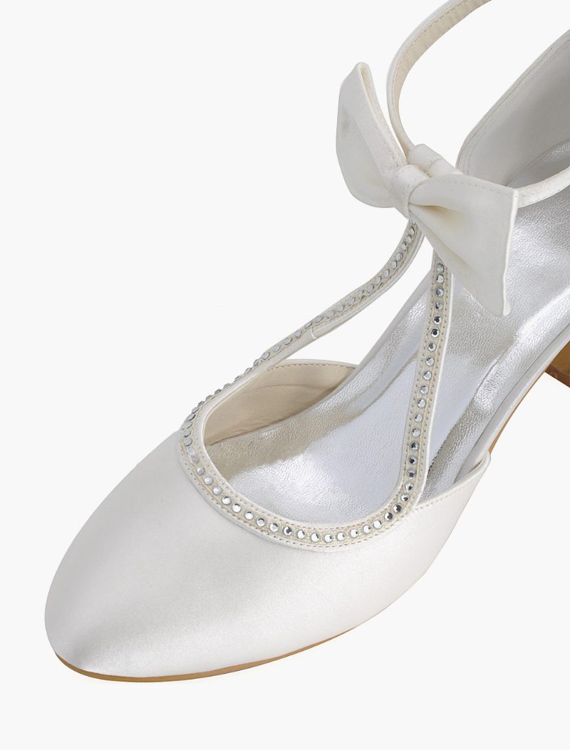 Weiße Hochzeitsschuhe Für Damen 2024. Satin Spitze Zehen Schleife Brautschuhe Vintage-hochzeitsschuhe - Elfenbein