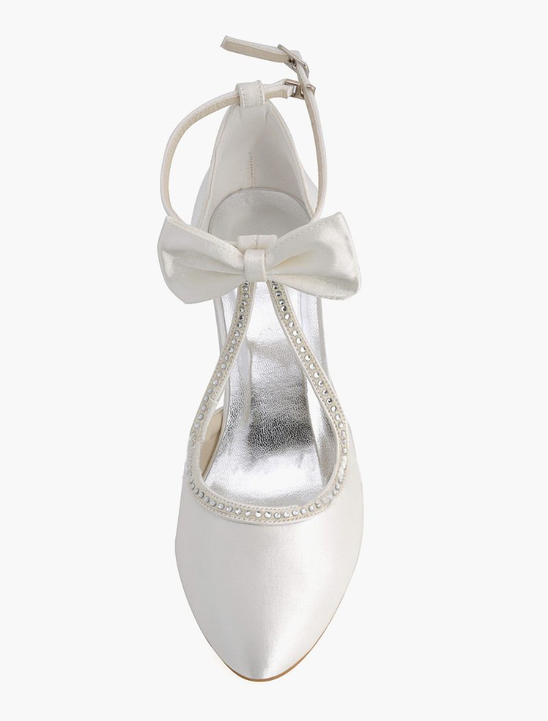 Weiße Hochzeitsschuhe Für Damen 2024. Satin Spitze Zehen Schleife Brautschuhe Vintage-hochzeitsschuhe - Elfenbein