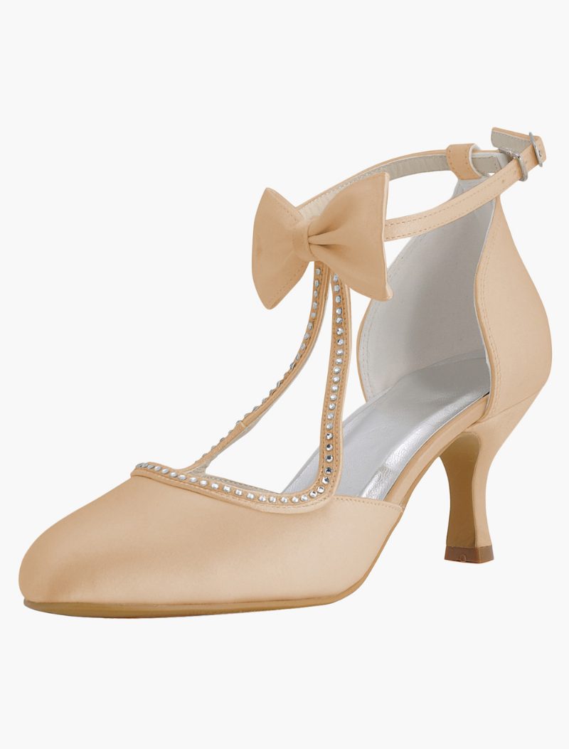 Weiße Hochzeitsschuhe Für Damen 2024. Satin Spitze Zehen Schleife Brautschuhe Vintage-hochzeitsschuhe - Champagner