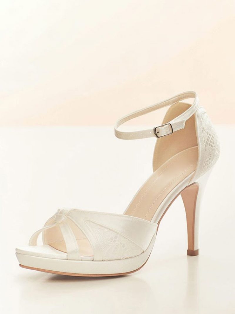 Weiße Hochzeitsschuhe Für Damen Peep-toe-brautpumps Mit Spitzendetail Und Knöchelriemen