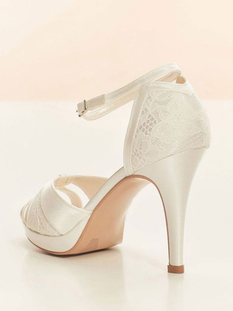 Weiße Hochzeitsschuhe Für Damen Peep-toe-brautpumps Mit Spitzendetail Und Knöchelriemen - Weiß