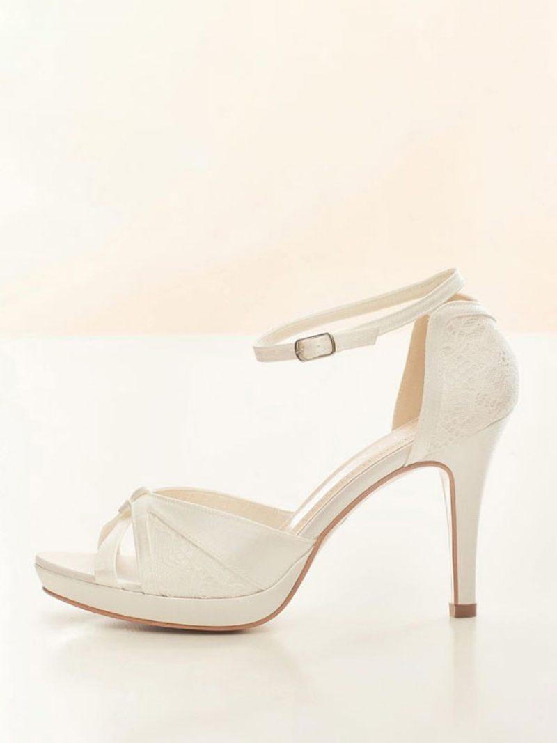 Weiße Hochzeitsschuhe Für Damen Peep-toe-brautpumps Mit Spitzendetail Und Knöchelriemen - Weiß