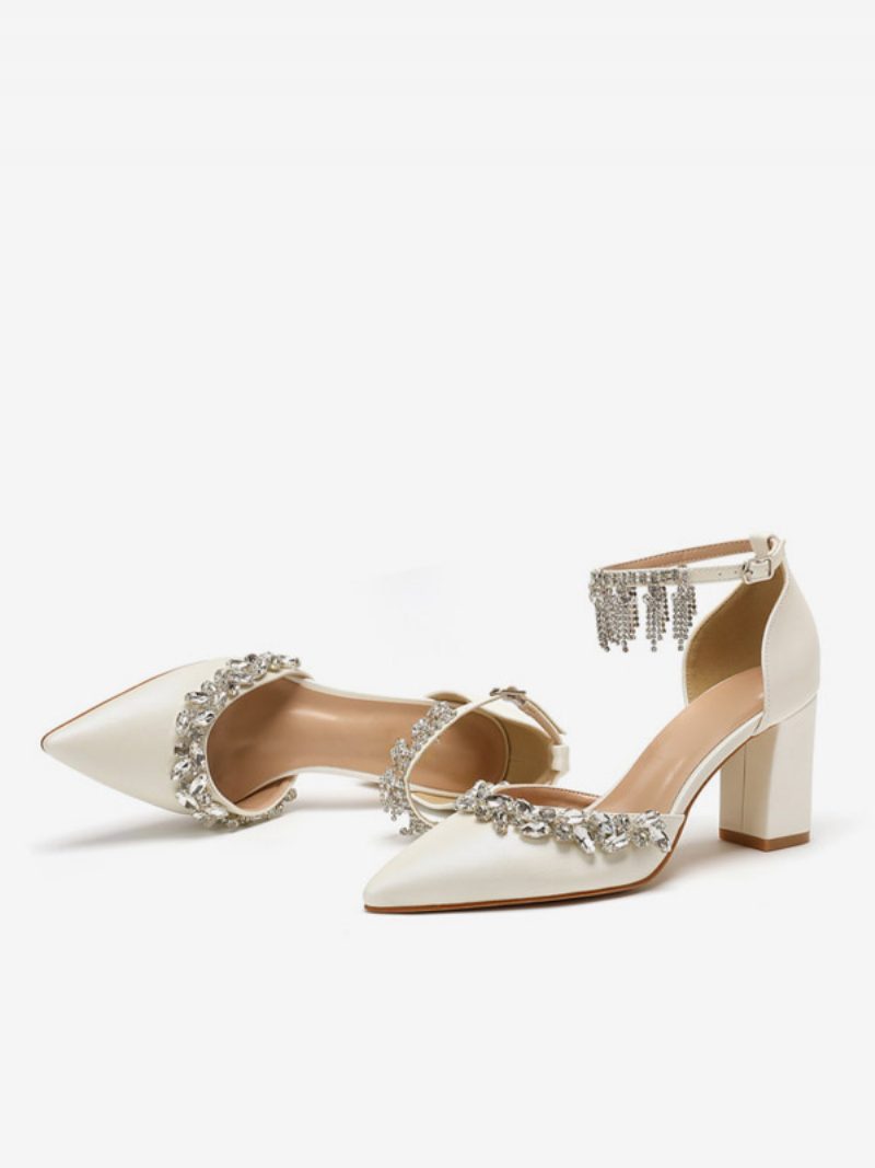 Weiße Hochzeitsschuhe Für Damen Strasssteine Spitzer Zehenbereich Knöchelriemen Brautpumps - Beige