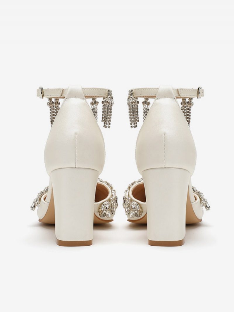 Weiße Hochzeitsschuhe Für Damen Strasssteine Spitzer Zehenbereich Knöchelriemen Brautpumps - Beige