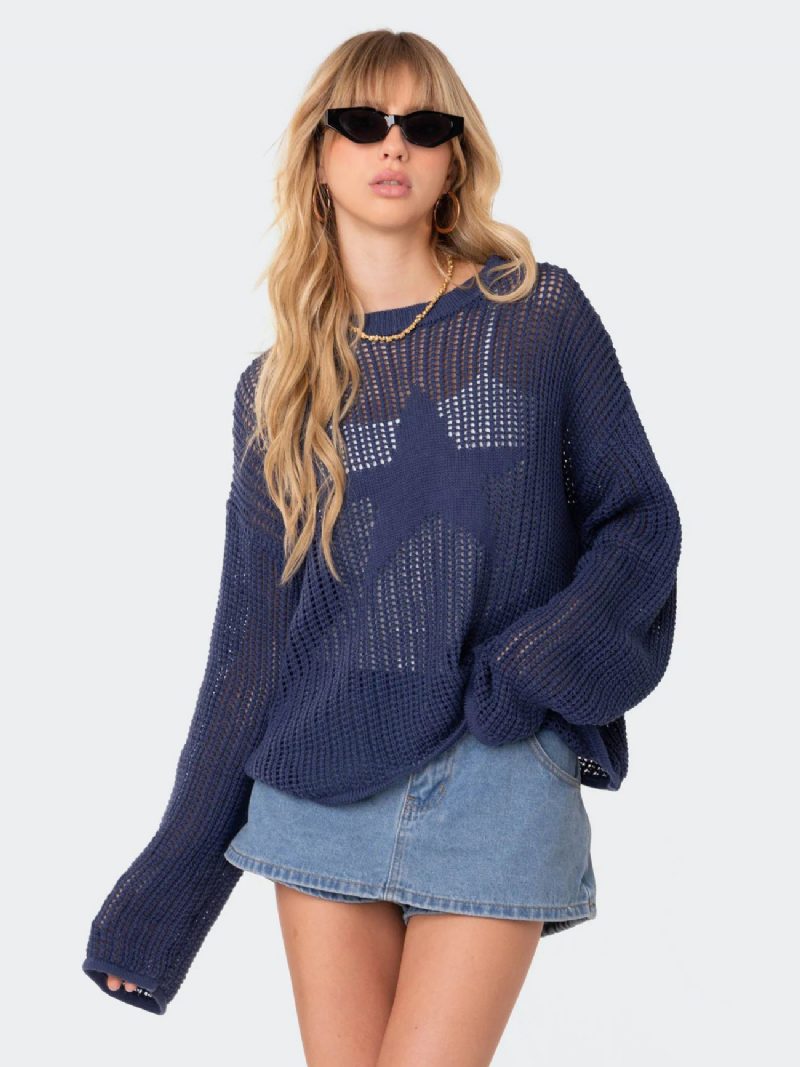 Damen-hohlpullover Mit Stern-rundhalsausschnitt Und Geripptem Tagespullover