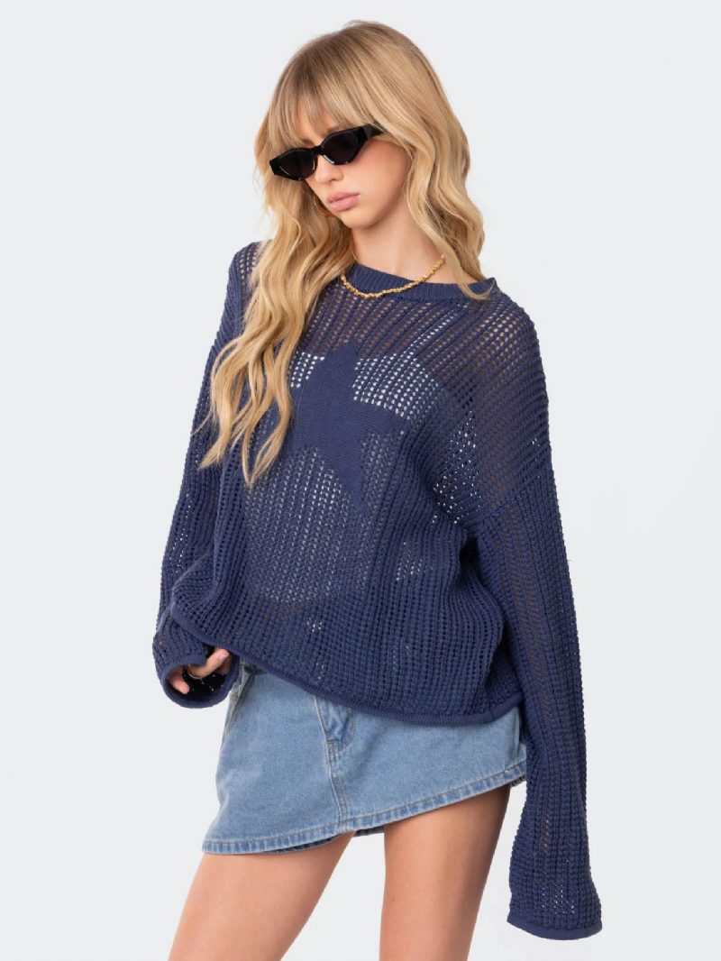 Damen-hohlpullover Mit Stern-rundhalsausschnitt Und Geripptem Tagespullover - Blau