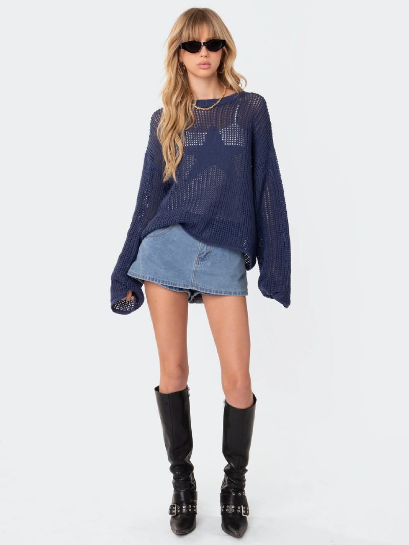 Damen-hohlpullover Mit Stern-rundhalsausschnitt Und Geripptem Tagespullover - Blau