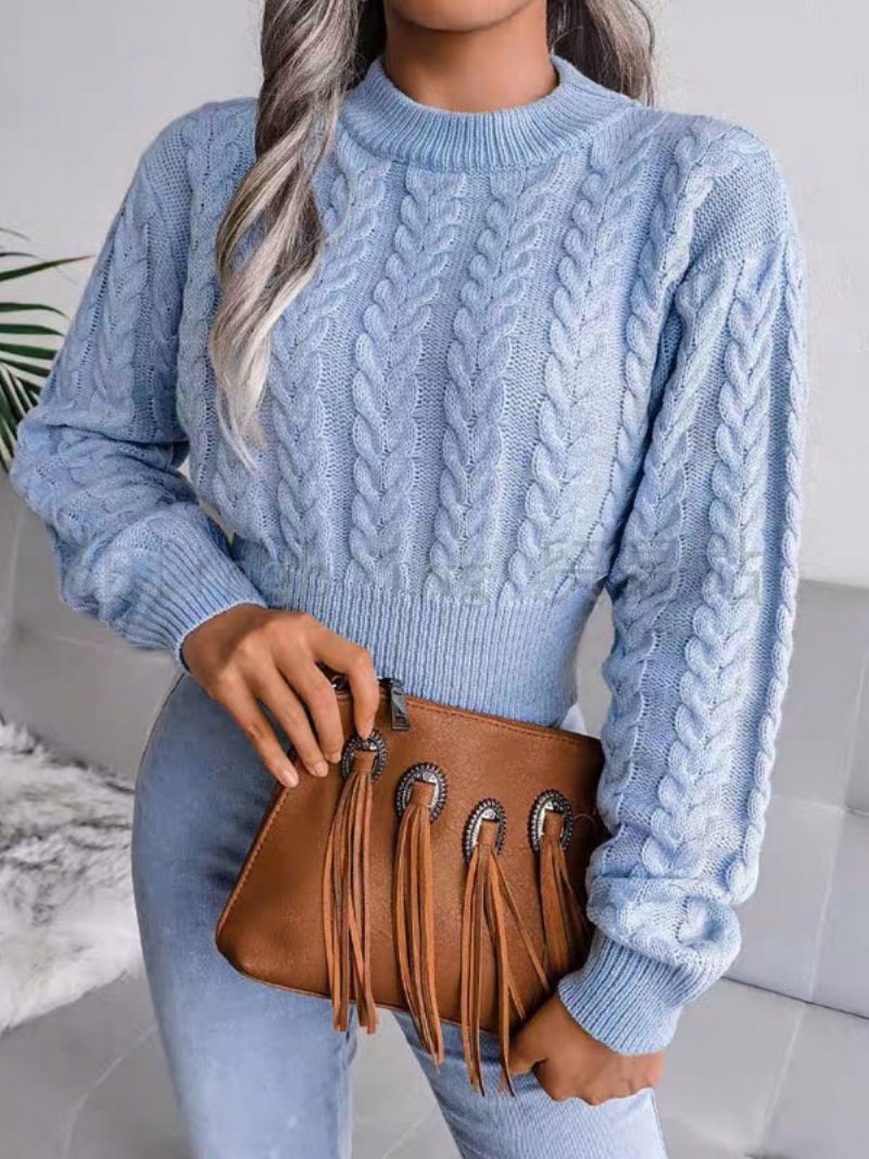 Damen-pullover Babyblau Mit Juwel-ausschnitt Langen Ärmeln Baumwollpullover - Babyblau