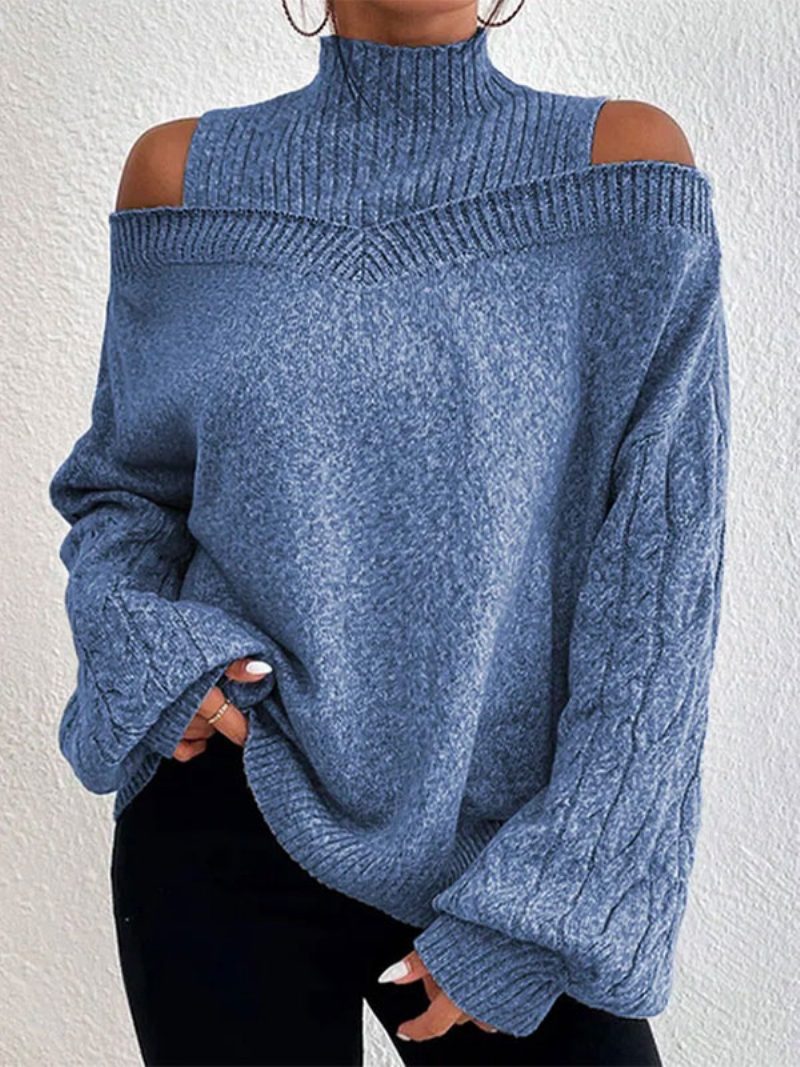 Damen-pullover Grauer Pullover Mit Hohem Kragen Und Langen Ärmeln - Blau