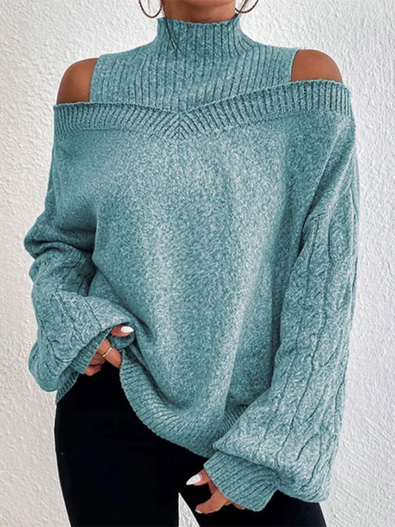 Damen-pullover Grauer Pullover Mit Hohem Kragen Und Langen Ärmeln - Cyanblau