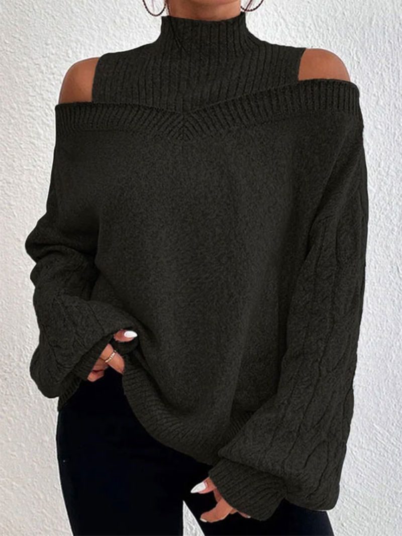 Damen-pullover Grauer Pullover Mit Hohem Kragen Und Langen Ärmeln - Schwarz