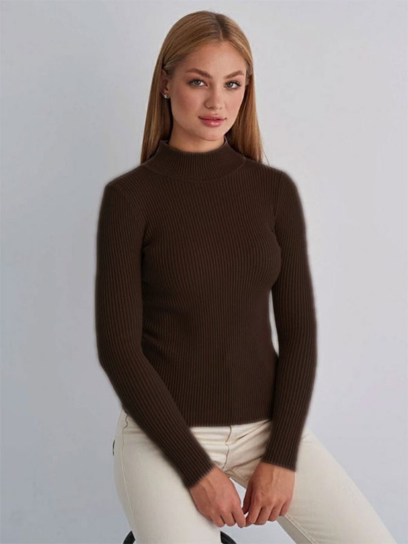 Damen-pullover Mit Hohem Kragen Und Langen Ärmeln - Kaffeebraun