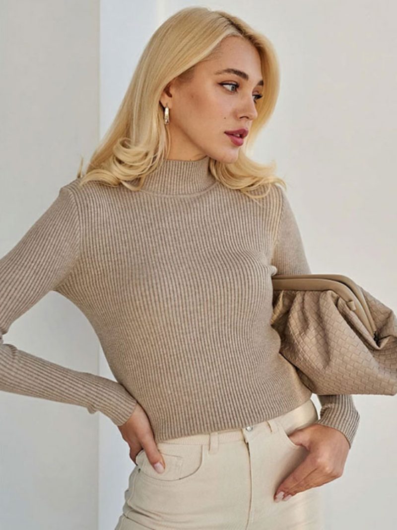 Damen-pullover Mit Hohem Kragen Und Langen Ärmeln - Khaki