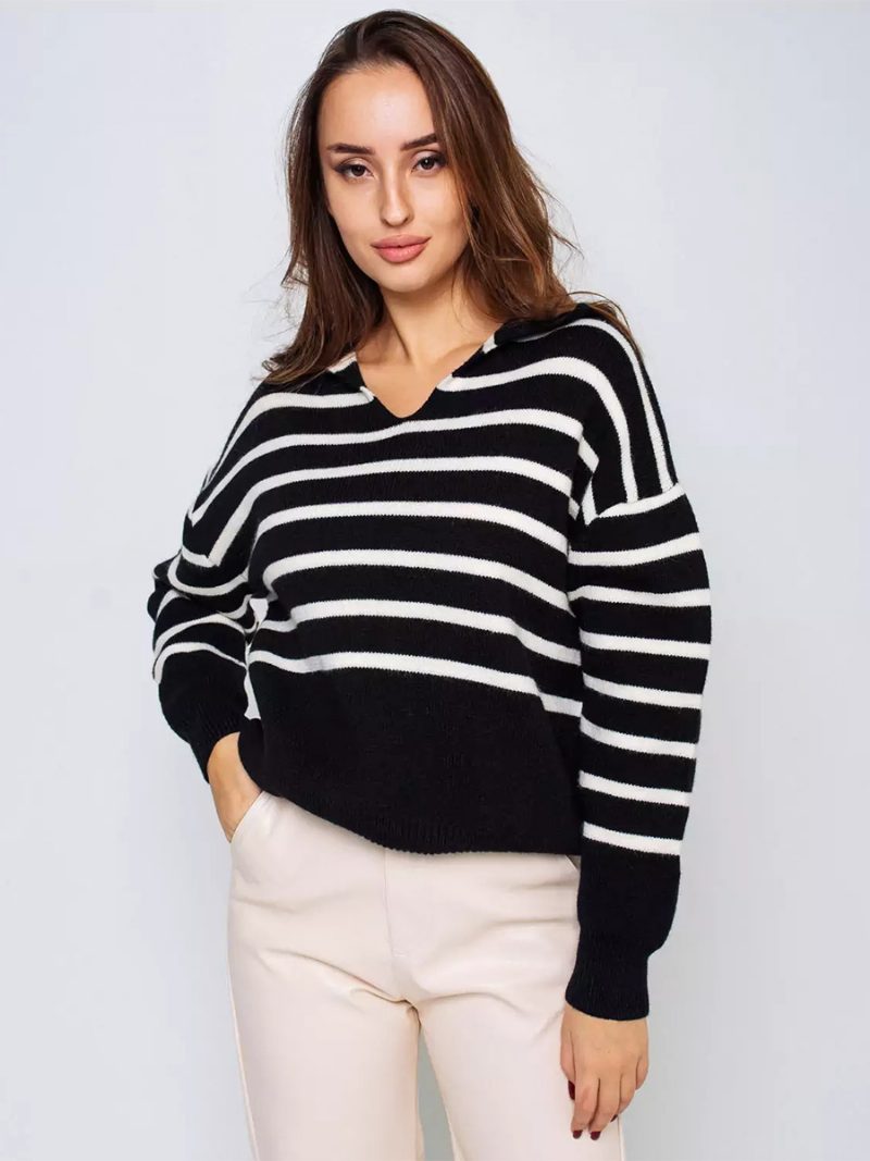 Damen-pullover Mit Streifen V-ausschnitt Tief Angesetzter Schulter Gerippter Rand Lässiger Pullover - Schwarz