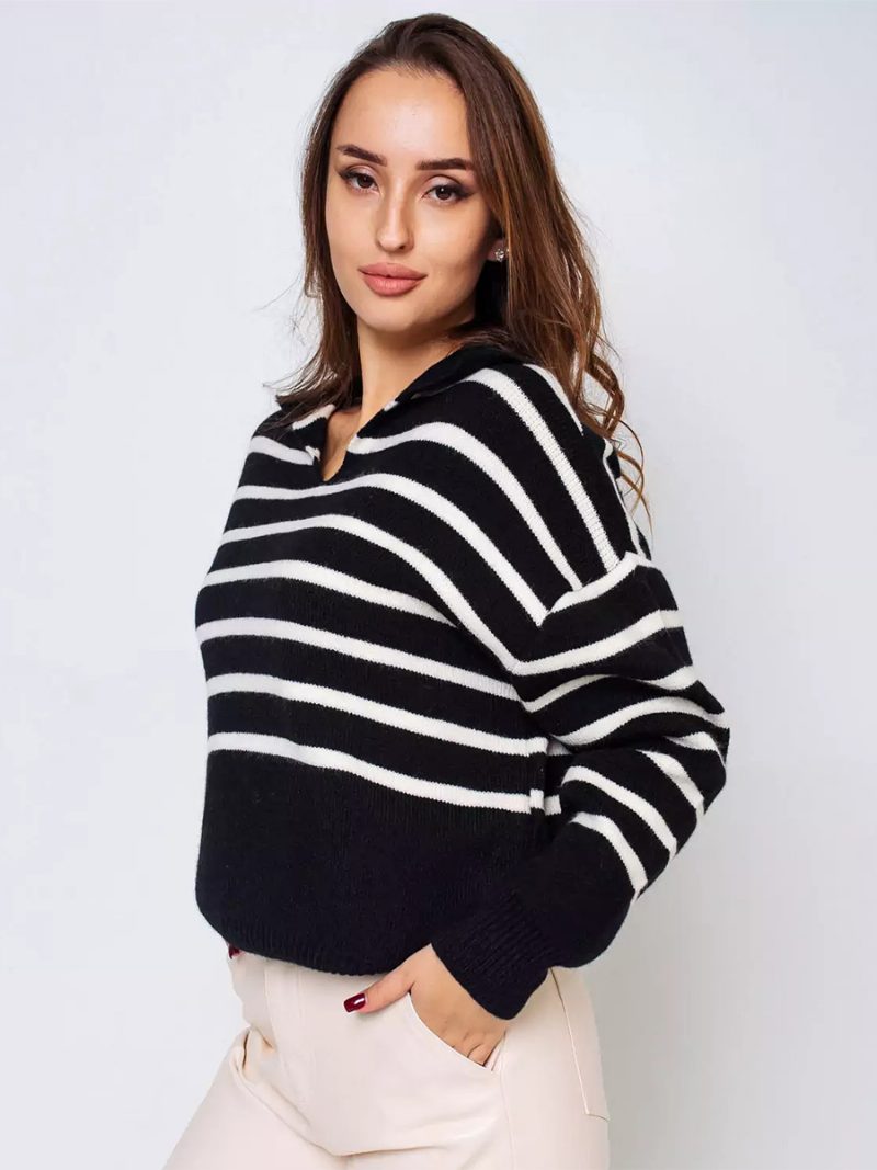 Damen-pullover Mit Streifen V-ausschnitt Tief Angesetzter Schulter Gerippter Rand Lässiger Pullover - Schwarz